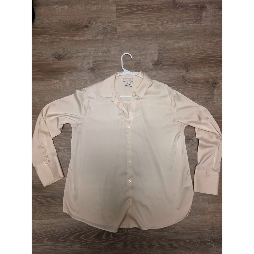 Cupcakes and Cashmere Womens Cream Satin Button Down Blouse Champagne Large L